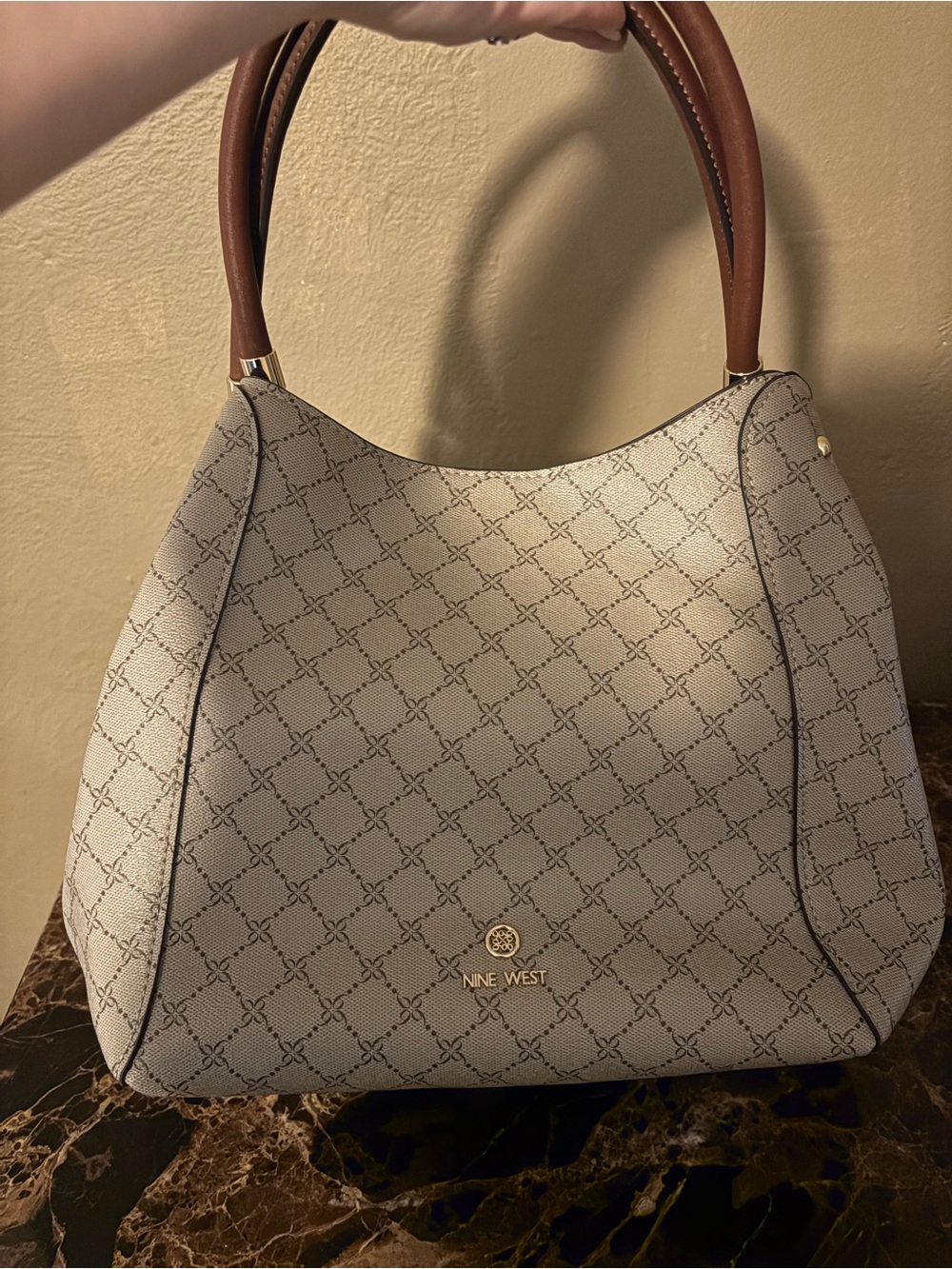 Nine West Cream Patterned Shoulder Hobo with Brown Handles